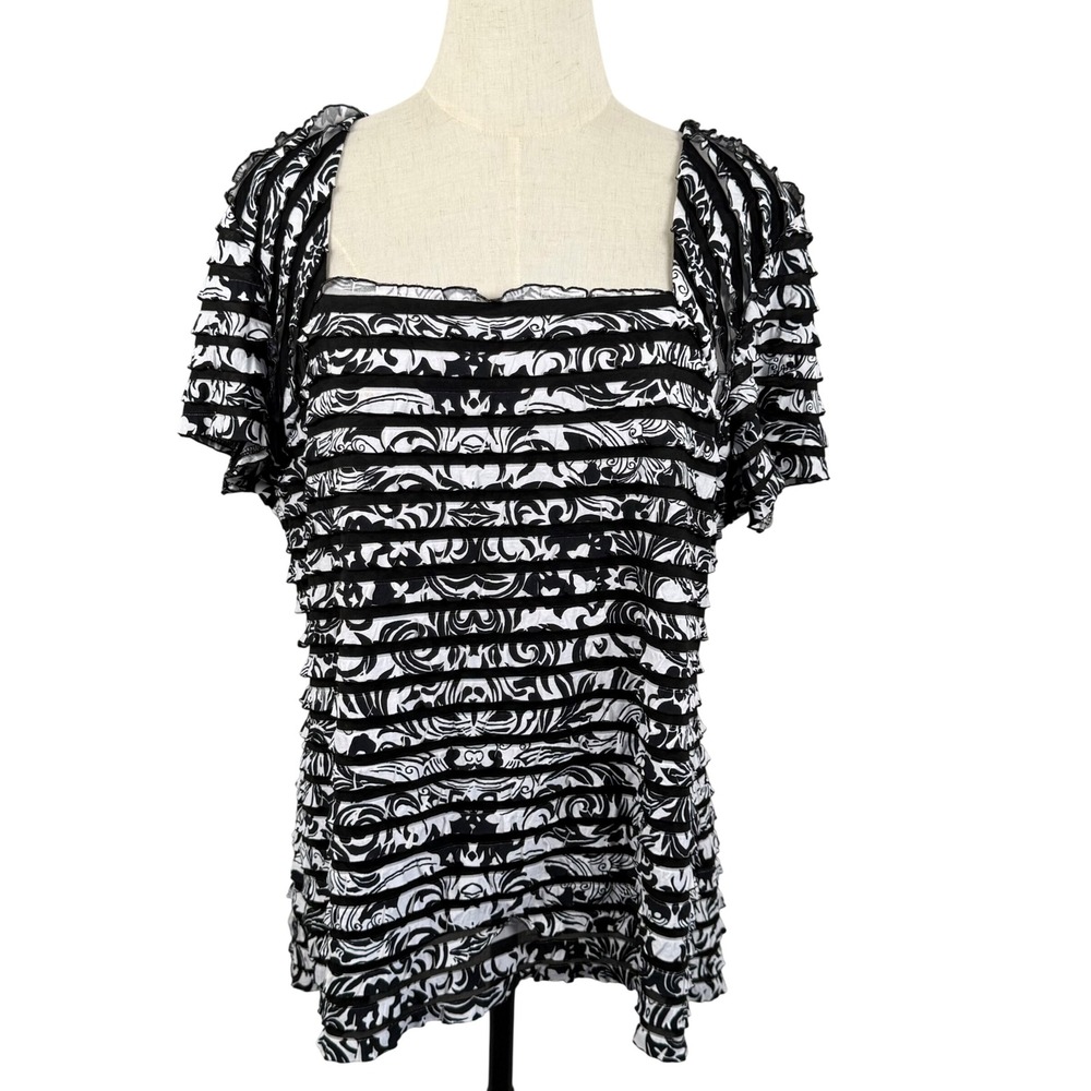 Coldwater Creek XL Rippled SS Pullover Top Ruffle Damask Square Neck Made in USA